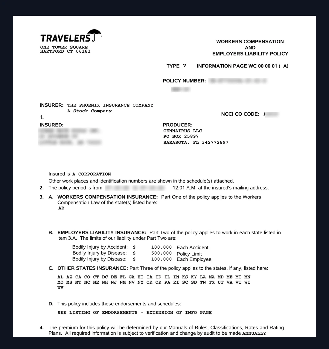 A real Travelers workers' compensation policy information page, with the insured's details blurred