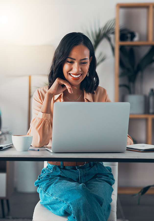 Working from home on laptop, freelance blogger and entrepreneur thinking, planning and reading blog post or story vision. Smiling, ambitious or motivated writer watching online webinar on technology